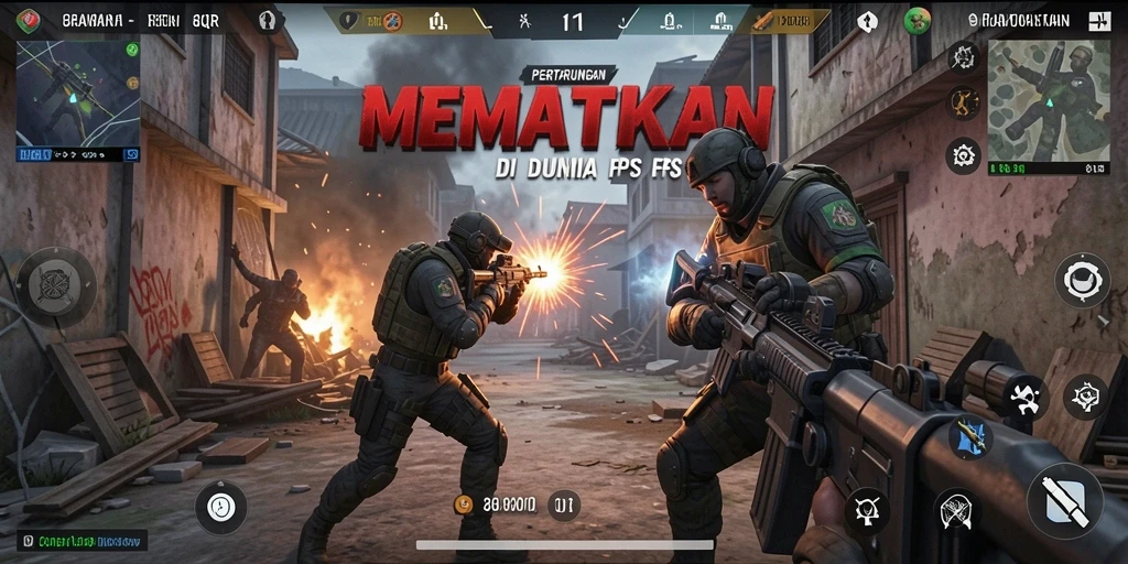 Tangkapan layar utama 8QR menampilkan pertempuran intens di medan tempur FPS.