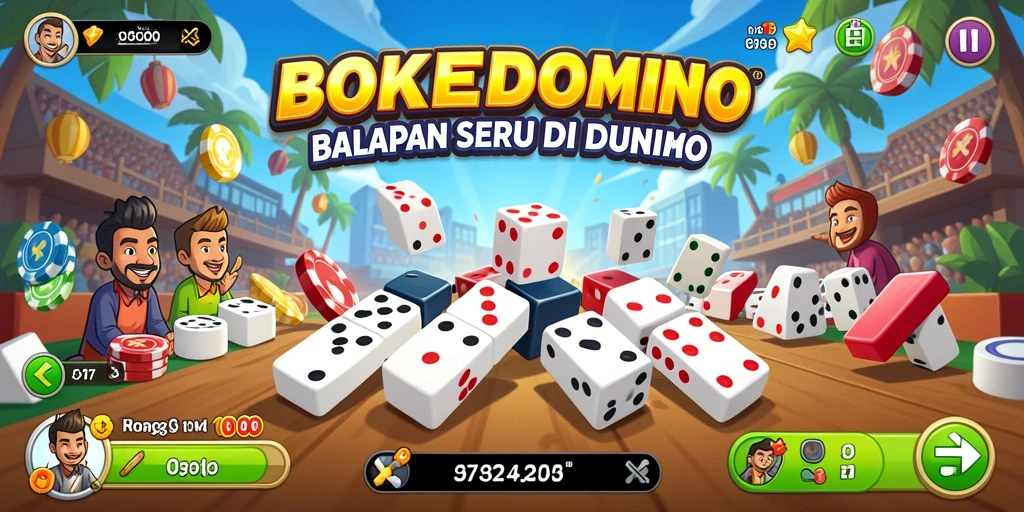 Screenshot gameplay BOKEDOMINO menampilkan balapan mendebarkan dengan kendaraan cepat.