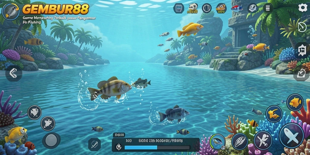 Screenshot GEMBUR88 menampilkan gameplay seru memancing dengan pemandangan yang menawan.