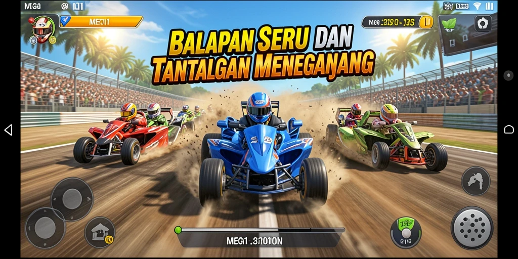Tampilan gameplay menegangkan di MEGA111 dengan berbagai kendaraan balap.